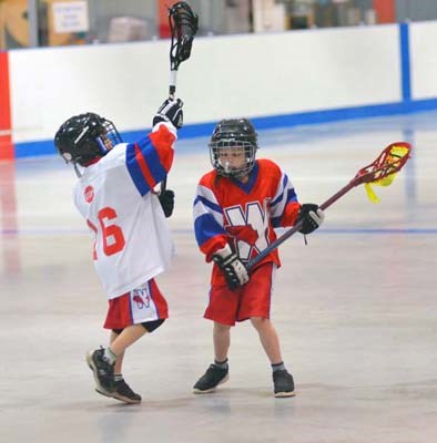 Learning the ropes: Young mini-tyke and tyke lacrosse players got into the action at Moody Park Arena last Sunday at the New Westminster jamboree.