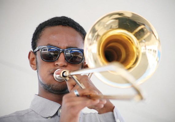 Brassy: The Junior Been jazz band on stage at the Artists on the River festival.