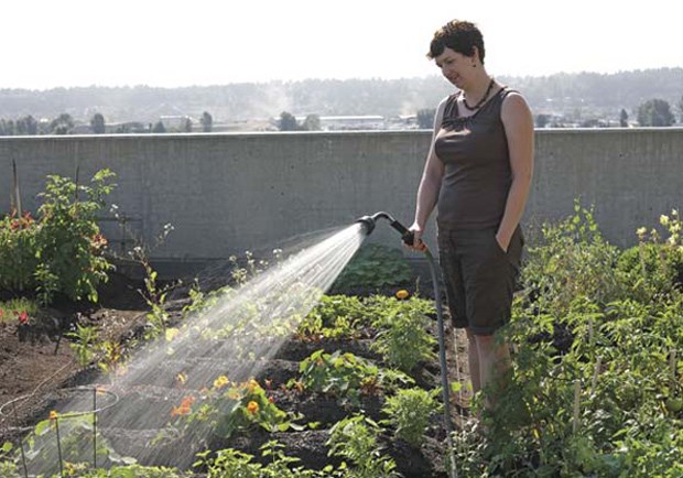 Green thumb: Pamela Findling takes care of the ninth-floor garden at Marinus at Plaza 88. The shared garden offers eight plots, about 150 square feet each, for residents of the tower.