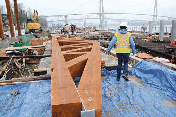 Ready to go: A portion of the building that will represent the original Lytton Square building is ready to be lifted into place. It was pre-built at a factory and is being assembled at the waterfront site.