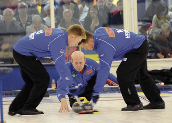 Six-time champ: Olympic champion Kevin Martin, centre, won the Westcoast Curling Classic for the sixth time in 10 trips to the Royal City. Sweepers Marc Kennedy, left, and Ben Hebert, right, are now four-time winners of the tourney held at the Royal City Curling Club this past weekend. Martin beat Mike McEwen 5-2 in Monday's final.