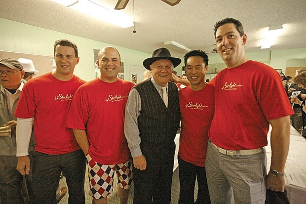 The Starlight Casino's Tim Barnett, Lui Garcea, Sam Oan and Andrew Patrick flank Mayor Wayne Wright at the mayor's seventh annual charity lawn bowling tournament.