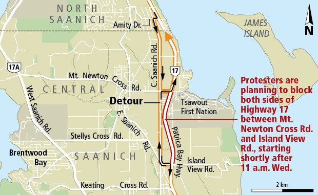 Central Saanich Road can be used as an alternative to the Patricia Bay Highway.