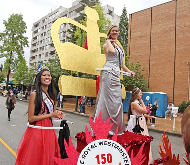 A winning entry: Fresh from wins in parades in the Pacific Northwest, New Westminster's float makes a hometown appearance in the Hyack International Parade. Miss New Westminster and her ambassadors waved and danced their way along the parade route.