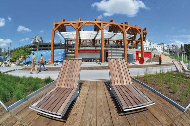Need a snack: The Lytton Square structure at Westminster Pier Park includes a concession area and washrooms. In the foreground are some of the lounge chairs that flip back and forth.