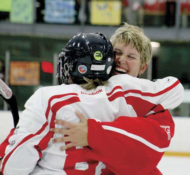 Celebration: Hockey players taking part in the record-breaking 10-day game in support of cystic fibrosis celebrated at the end of the 243 hours and five minutes of play. The event was inspired by New Westminster's Eva Markvoort, who died of cystic fibrosis at the age of 25 while waiting for a lung transplant. For more photos from this event, see www.royalcityrecord.com.