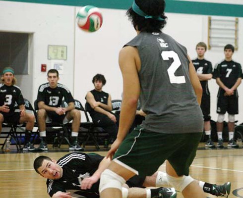 Digging in: The Douglas College Royals spit their season series with the national No. 1 Vancouver Island University Mariners in men's volleyball this season. The Royals came back from two sets down to upend the visiting Mariners 3-2 at the New Westminster gym on Saturday.