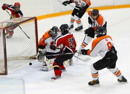 Icebreaker: Josh Lauener broke the ice for New Westminster, scoring the team's first goal in a 9-2 loss to Semiahmoo in the elimination round of the Burnaby bantam hockey tournament on Dec. 29.