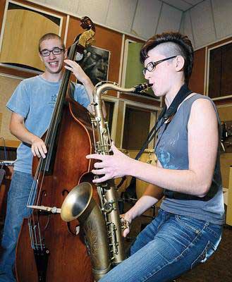 Team effort: Will Chernoff on acoustic bass and Tala King on tenor saxophone are getting ready for the upcoming "bandathon" event at NWSS.