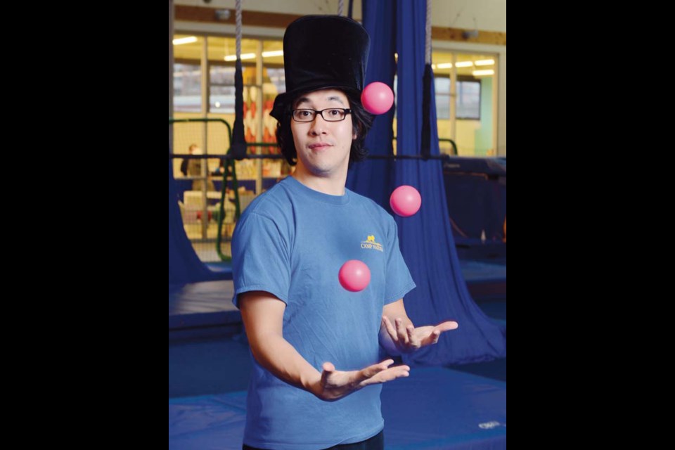 Up in the air: Nigel Wakita, a member of the Vancouver Circus School, is preparing for a special New Year's Eve performance at New Westminster's Burr Theatre.