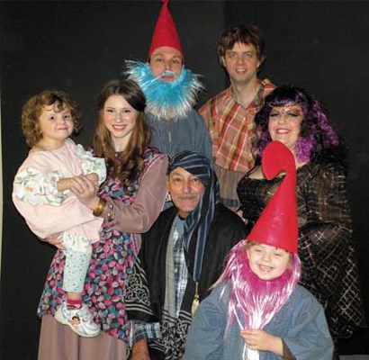 Royal City contingent: New Westminster residents are appearing onstage in Ellie King's Sword in the Stone. Clockwise from back left: Christopher Lewis McLeod (G'norman the Gnome), Stephen Elcheshen (Owen Money), Kerri Norris (Morgana la Fey), Aeron Elcheshen (G'nigel the Gnome), John More (Grandpa Jones), and Jackie Bruce (dance captain/Magic Mirror) with Cayleigh Elcheshen.