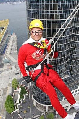New heights: Larry Ho, Starlight Casino executive general manager, became his superhero alter ego Captain Bacon to rappel 20 storeys down the side of a building. Ho raised $4,500 for Easter Seals to participate in the event.
