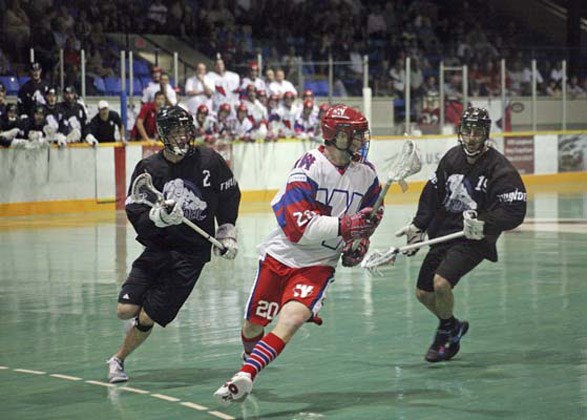 Bellies rain thunder 1
Fast starter: The New Westminster Salmonbellies scored five times in the first period, including a hat trick by rookie Kevin Crowley, to defeat the Langley Thunder 8-3 in Game 1 of the Western Lacrosse Association best-of-seven final series at Queen's Park Arena on Wednesday.