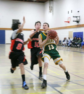Eagle eye: Eagles' Matt Carrion, with ball, goes to the ring at the SBMC's under-13 basketball tournament.