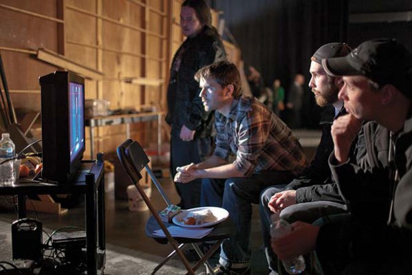 On set: Producer Graham Wardle of New Westminster and director Marshall Axani look on at the monitors on the set of the Crazy8s 2012 winning film The Vessel, shot March 16 to 18 in North Vancouver.