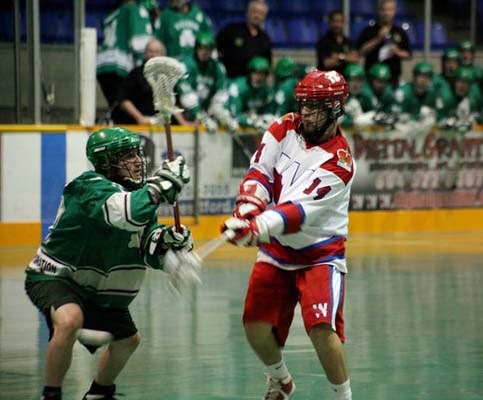 The New Westminster Salmonbellies, in white, defeated the Victoria Shamrocks, winning the first-round, best-of-three junior A lacrosse playoff series in two straight games. New West opens its semifinal playoff against the Delta Islanders in Ladner on Saturday, July 21 at 8 p.m.