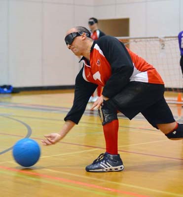 Blind block: Doug Ripley of New Westminster makes a save in goalball during a recent national team tryout at Massey gym in New Westminster.