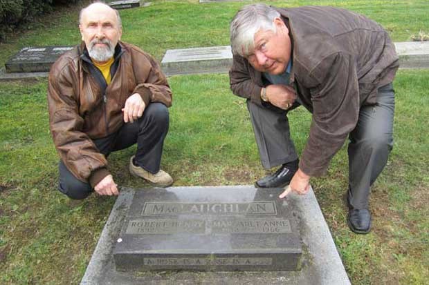 Digging up the past: Above, from left, Rod Drown and Ken McIntosh at the grave of Dr. Robert and Margaret MacLauchlan.