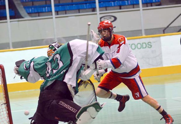 Fast on their feet: The New Westminster Salmonbellies scored nine goals in the opening period en route to a 17-8 win over the Victoria Shamrocks at Queen's Park Arena in B.C. Junior Lacrosse League play on Sunday.