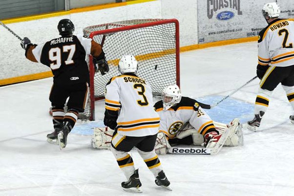 Down and out: The Grandview Steelers were eliminated from the playoffs following an 8-2 loss to the Aldergrove Kodiaks in Pacific Junior Hockey League play last Sunday.
