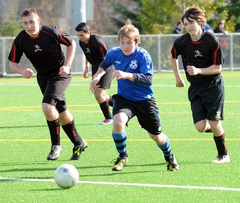 Three-timers: The Royal City under-18 bronze soccer team defeated North Vancouver 1-0 in the Burrard Cup final at Burnaby Lake Sports Complex-West last Sunday.