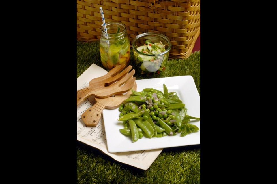 Pea and Mint Salad and Cucumber, Chile and Pumpkin Seed Salad, with a Yellow Nectarine Mojito.