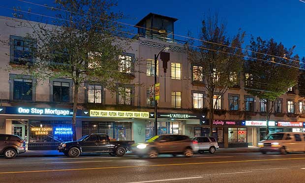 Behind a somewhat unremarkable façade at 2556 East Hastings St. are live/work lofts created in a 1920s heritage conversion in 1995. The building features wide hallways illuminated glass block floors and ceilings, original fir timbers and maple flooring and a rooftop deck.
