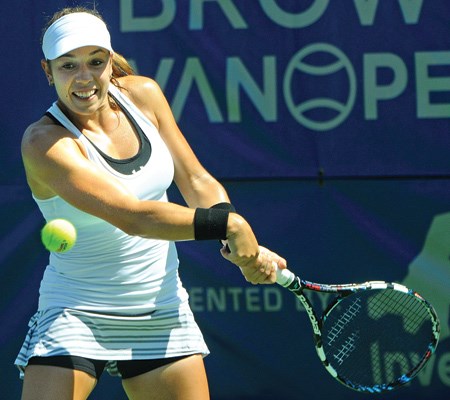 Playing in her fourth match in two days Canada's Sharon Fichman powers into a shot during the VanOpen women's final against (eventual winner) Great Britain's Johanna Konta at Hollyburn on Sunday.