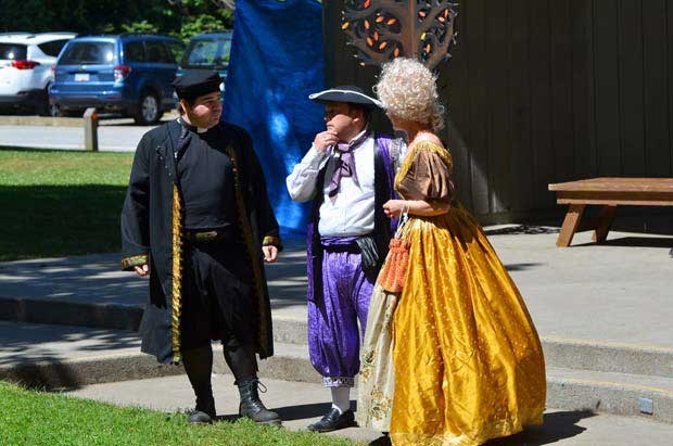 Comedic romp: James King as Parson Hugh Evans, Ron Edgar as Slender and Carol Davison as Mistress Shallow in the Shadows and Dreams production of The Merry Wives of Windsor, playing at the Queen's Park bandshell.