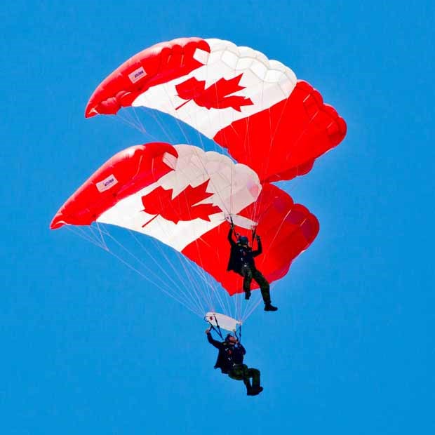 The Skyhawks, the Canadian Forces Parachute Demonstration Team, performed a tandem jump in a Hercules military aircraft at a media event Friday in advance of Saturday's annual Boundary Bay Air Show. The free air show, which includes entertainment both in the air and on the ground, starts at 1 p.m. Gates open at 11 a.m.