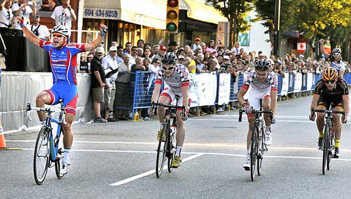 Success: Florenz Knauer celebrates his win at Giro di Burnaby in the Heights on Thursday night. Knauer was runner-up at the UBC Grand Prix and third in the Gastown race, all part of nine races during the B.C. Superweek series.