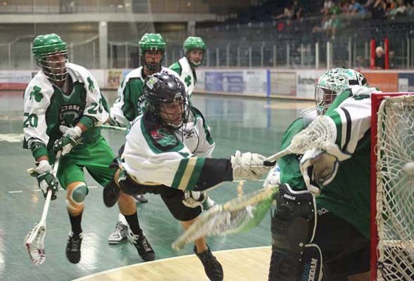High flyer: Jackson Decker took a diving shot on goal in the Burnaby Lakers' 12-11 loss to the Victoria Shamrocks in Game 2 of the Western Lacrosse Association semifinal playoff at the Bill Copeland Sports Centre on Wednesday.