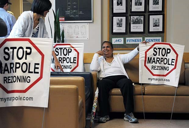 Residents gather at the Marpole-Oakridge Community Centre for a meeting organized by the Marpole Residents Coalition, an anti-densification group.