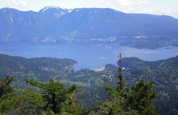 From North Peak: Snug Cove in foreground, with Horseshoe Bay, Black Mountain and Mt. Strachan behind.