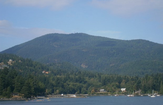 Bowen Island and its peak, Mt. Gardner, seen as the ferry approaches Snug Cove.