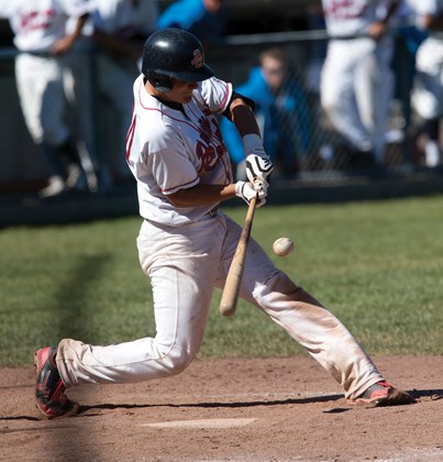 2013 North Shore Twins star Anthony Cusati blasts a hit for Team B.C. at the Canada Summer Games. Several North Shore players suited up as Team B.C. won gold