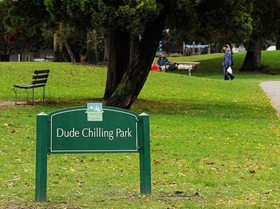 dude chilling park sign