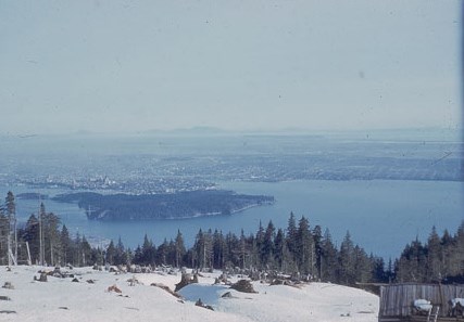 A 1954 photo looking down to Vancouver from the site of the former Hi-View Lodge, which was destroyed by fire in 1965.
