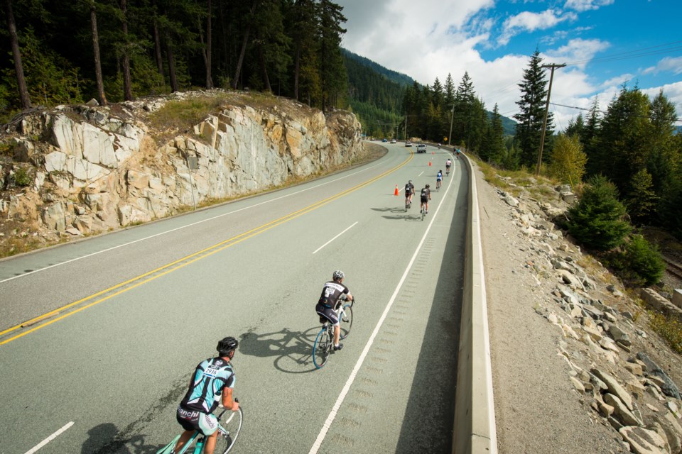 Cyclists climb the Sea to Sky Highway from Vancouver to Whistler during the GranFondo Whistler Sept. 7, 2013.