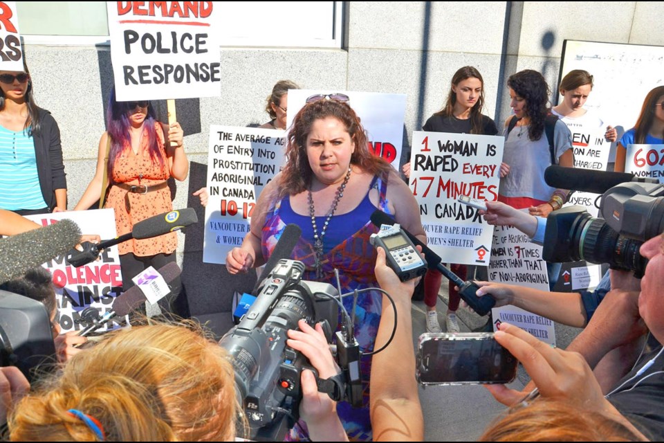 Speaking up Trisha Baptie, co-founder of EVE – formerly Exploited Voices now Educating – speaks to media at a protest outside the New Westminster police station on Wednesday morning.