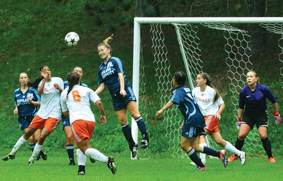 Capilano's Madeline Carrillo clears the ball from danger during a 1-0 win over Langara.
