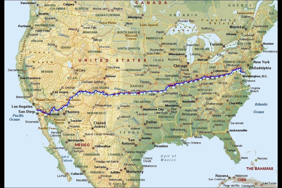 The course: This map shows the distance Yadav cycled, starting in California and ending in Maryland.