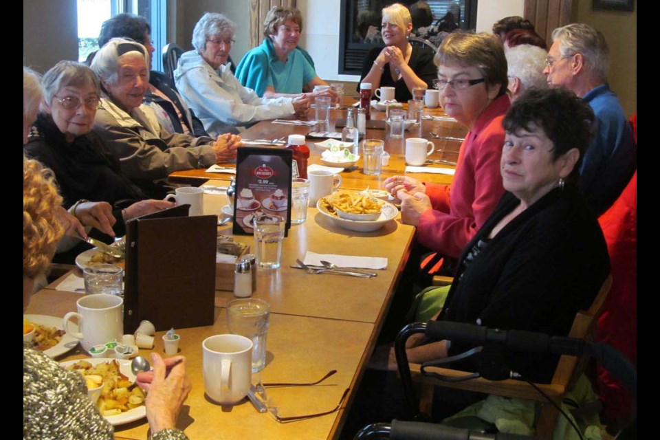 The Seniors Services Society has Out and About events twice a month. Last weekend, a group of 13 New Westminster seniors went to lunch at ABC Country Restaurant in Coquitlam before catching a movie. Other recent society lunch and dinner events included lunch at Go Thai and dinner at the Dublin Castle.