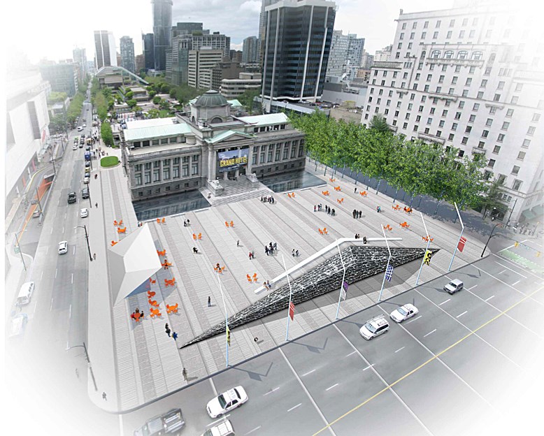 The Vancouver Art Gallery is asking the public for input on how to redesign the property’s north plaza. It recently presented three designs: wet, active edge or PLALO. Its next open house is Oct. 5 at UBC Robson Square.