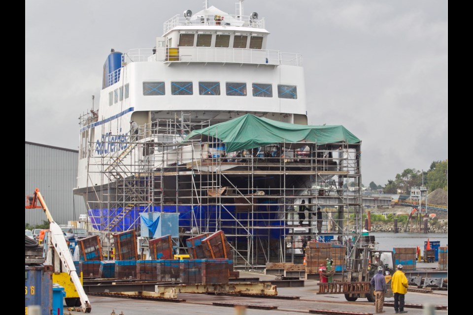 The B.C. Ferries vessel MV Tachek during a refit at Point Hope Shipyard in 2013. B.C. shipyards and unions welcome work from B.C. Ferries. These contracts help sustain the companies, give jobs to skilled tradespeople and support suppliers.