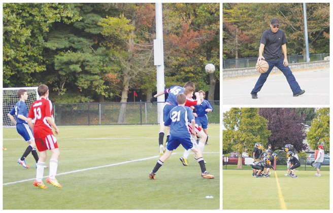 Graeme Wood/Special to the News Clockwise from left, junior soccer clubs from McMath and Burnett secondary schools compete at Hugh Boyd Park; Alex Wang often shoots hoops on the court outside the West Richmond Community Centre; the Hugh Boyd high school junior football team practises at Hugh Boyd Park.