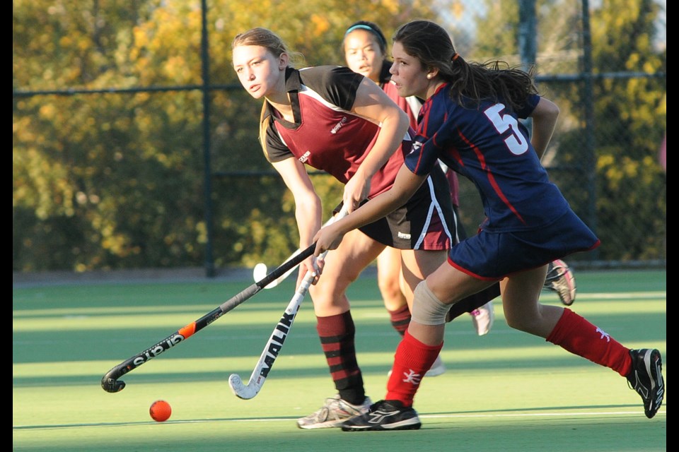 The Eric Hamber Griffins (in maroon and black) defeated the Churchill Bulldogs (in blue and red) 2-1 in a shoot out Oct. 24 to advance to the AAA B.C. championships.