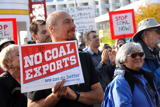 No to coal: About 400 people attended a rally on New Westminster's waterfront on Oct. 27 to voice opposition to a proposed coal transfer facility at Fraser Surrey Docks.