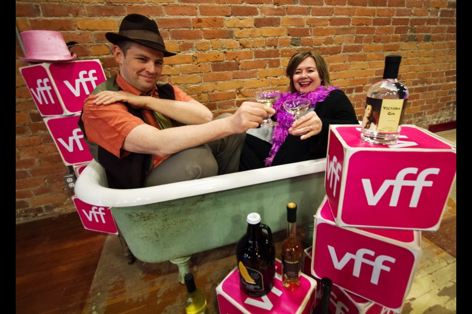 Victoria Film Festival's director Kathy Kay and programmer Donovan Aikman ham it up in preparation for the speakeasy-themed opening gala at this year's festival.