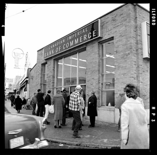 CIBC building then: Looking south on Victoria Drive, exterior of Canadian Imperial Bank of Commerce, 196-. Photo: Vancouver Public Library, Province Newspaper, 41468